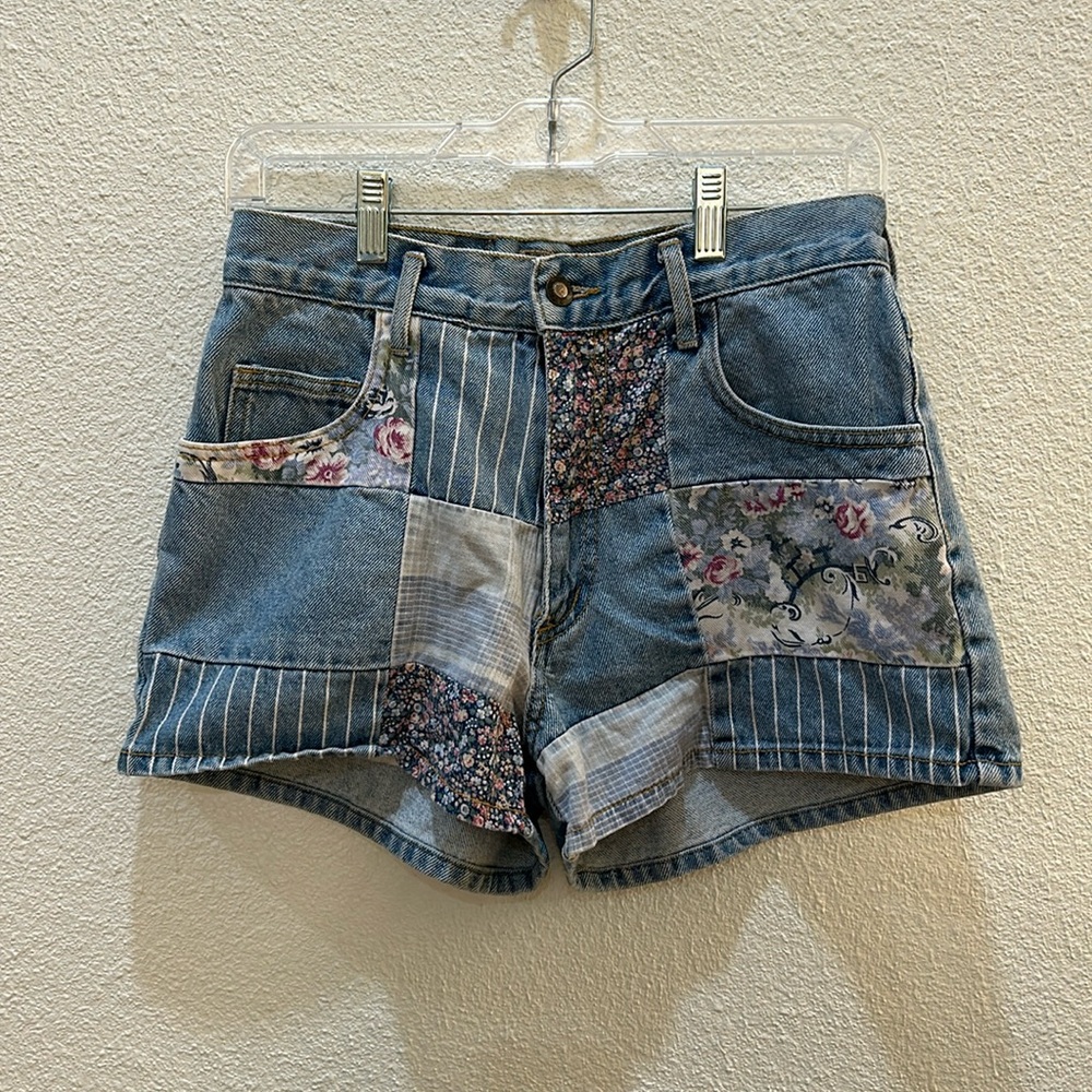 Express Patchwork Denim Jean Shorts - Blue with Floral Accents